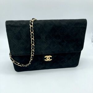 CHANEL QUILTED BLACK GOLD MATELASSE CC SUEDE SINGLE FLAP SHOULDER BAG WITH COA